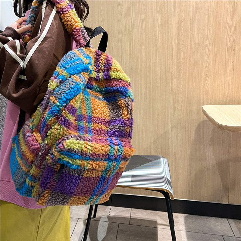 Niche Retro Plush Plaid New Lamb Wool Backpack