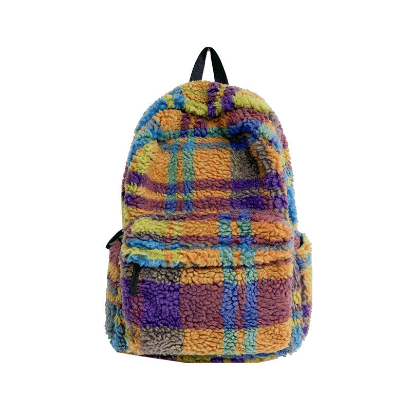 Niche Retro Plush Plaid New Lamb Wool Backpack