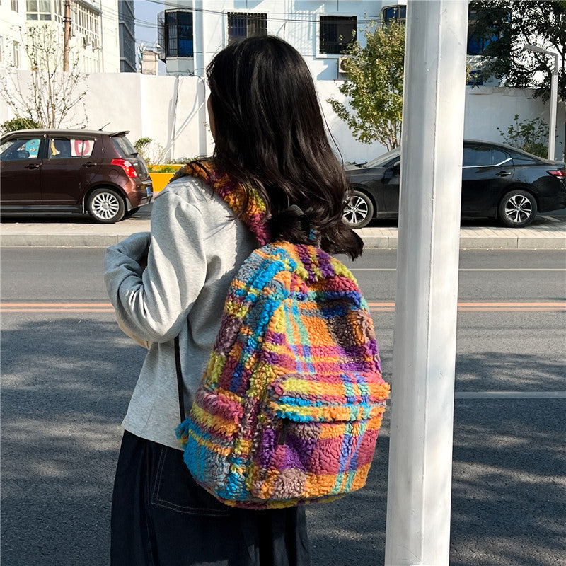 Niche Retro Plush Plaid New Lamb Wool Backpack