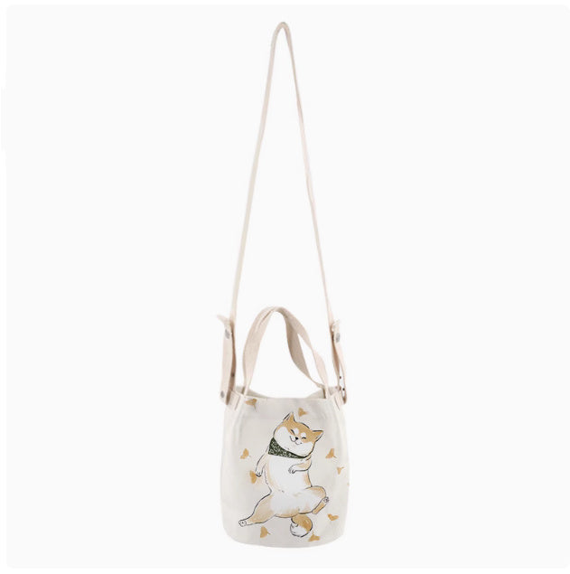 Japanese Ink Painting Cute Shiba Inu Canvas Small Bucket Bag