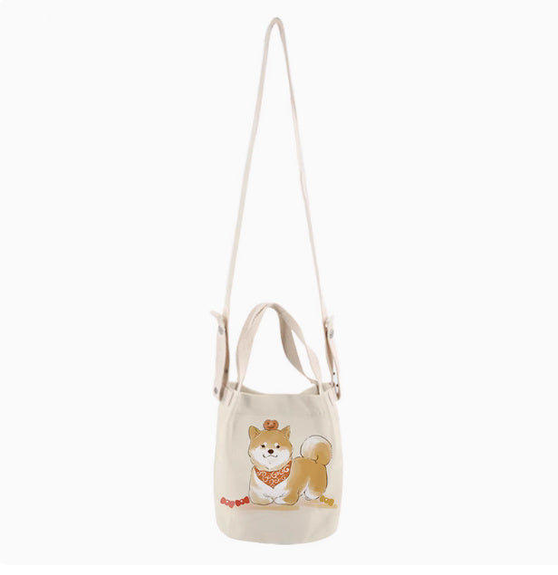 Japanese Ink Painting Cute Shiba Inu Canvas Small Bucket Bag