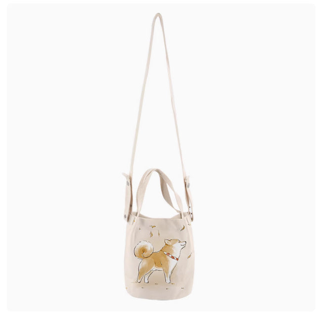 Japanese Ink Painting Cute Shiba Inu Canvas Small Bucket Bag