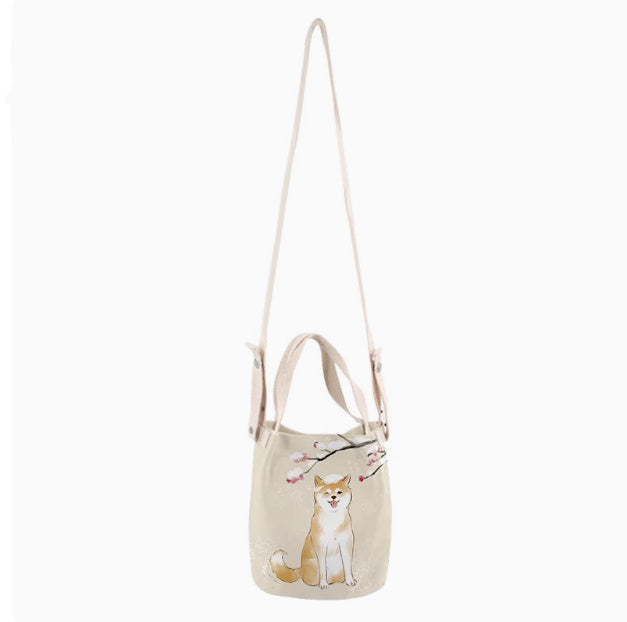 Japanese Ink Painting Cute Shiba Inu Canvas Small Bucket Bag
