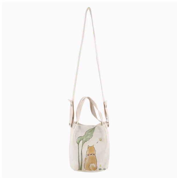 Japanese Ink Painting Cute Shiba Inu Canvas Small Bucket Bag