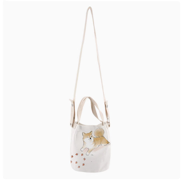 Japanese Ink Painting Cute Shiba Inu Canvas Small Bucket Bag