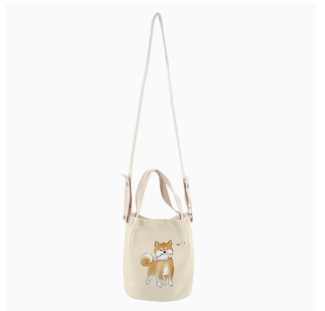 Japanese Ink Painting Cute Shiba Inu Canvas Small Bucket Bag