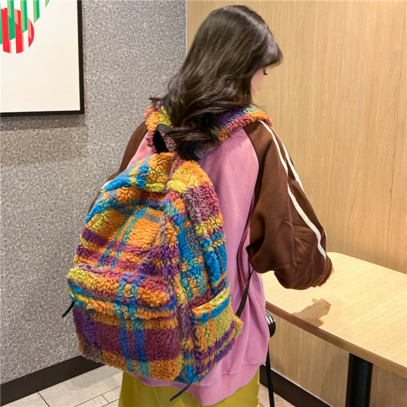 Niche Retro Plush Plaid New Lamb Wool Backpack