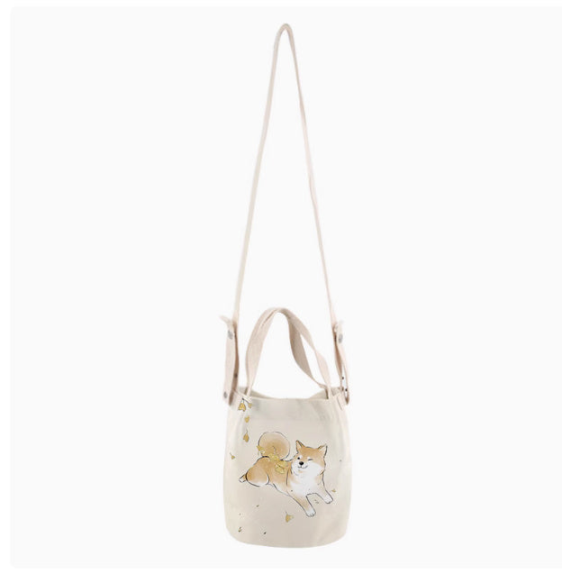Japanese Ink Painting Cute Shiba Inu Canvas Small Bucket Bag