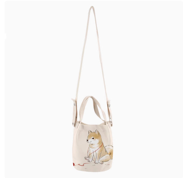 Japanese Ink Painting Cute Shiba Inu Canvas Small Bucket Bag