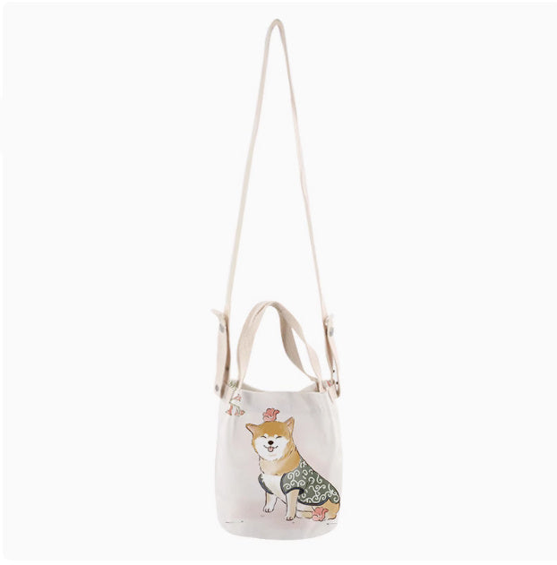 Japanese Ink Painting Cute Shiba Inu Canvas Small Bucket Bag