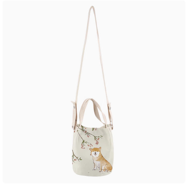 Japanese Ink Painting Cute Shiba Inu Canvas Small Bucket Bag