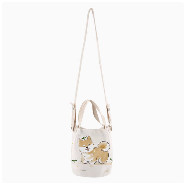 Japanese Ink Painting Cute Shiba Inu Canvas Small Bucket Bag