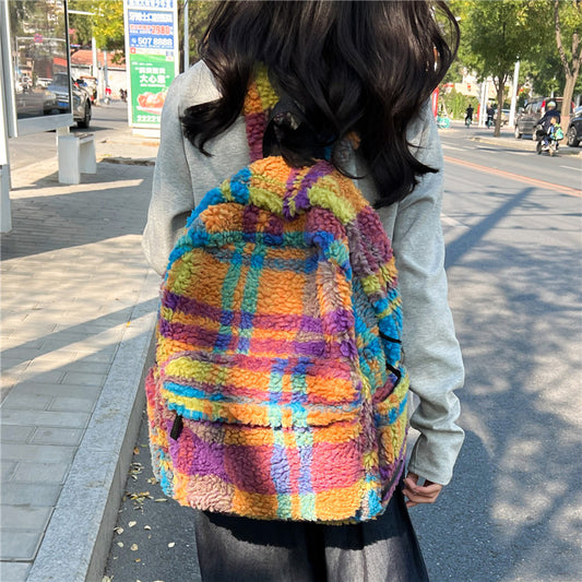 Niche Retro Plush Plaid New Lamb Wool Backpack