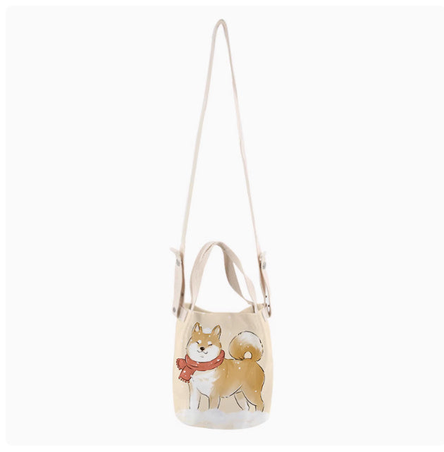 Japanese Ink Painting Cute Shiba Inu Canvas Small Bucket Bag