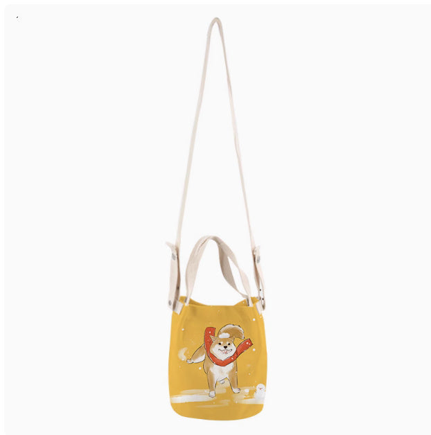 Japanese Ink Painting Cute Shiba Inu Canvas Small Bucket Bag