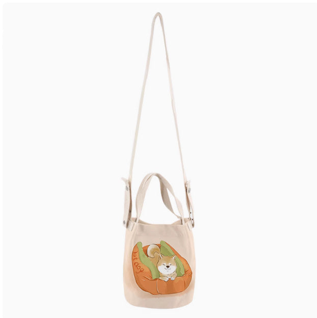 Japanese Ink Painting Cute Shiba Inu Canvas Small Bucket Bag