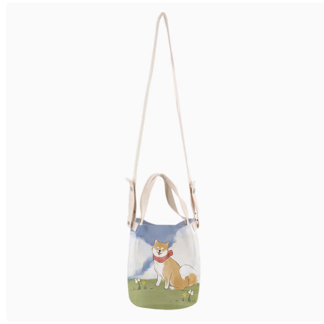 Japanese Ink Painting Cute Shiba Inu Canvas Small Bucket Bag